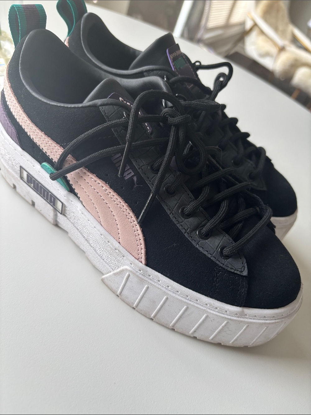Puma Women’s Black Sneakers with Pink Formstrip and White Platform Sole
